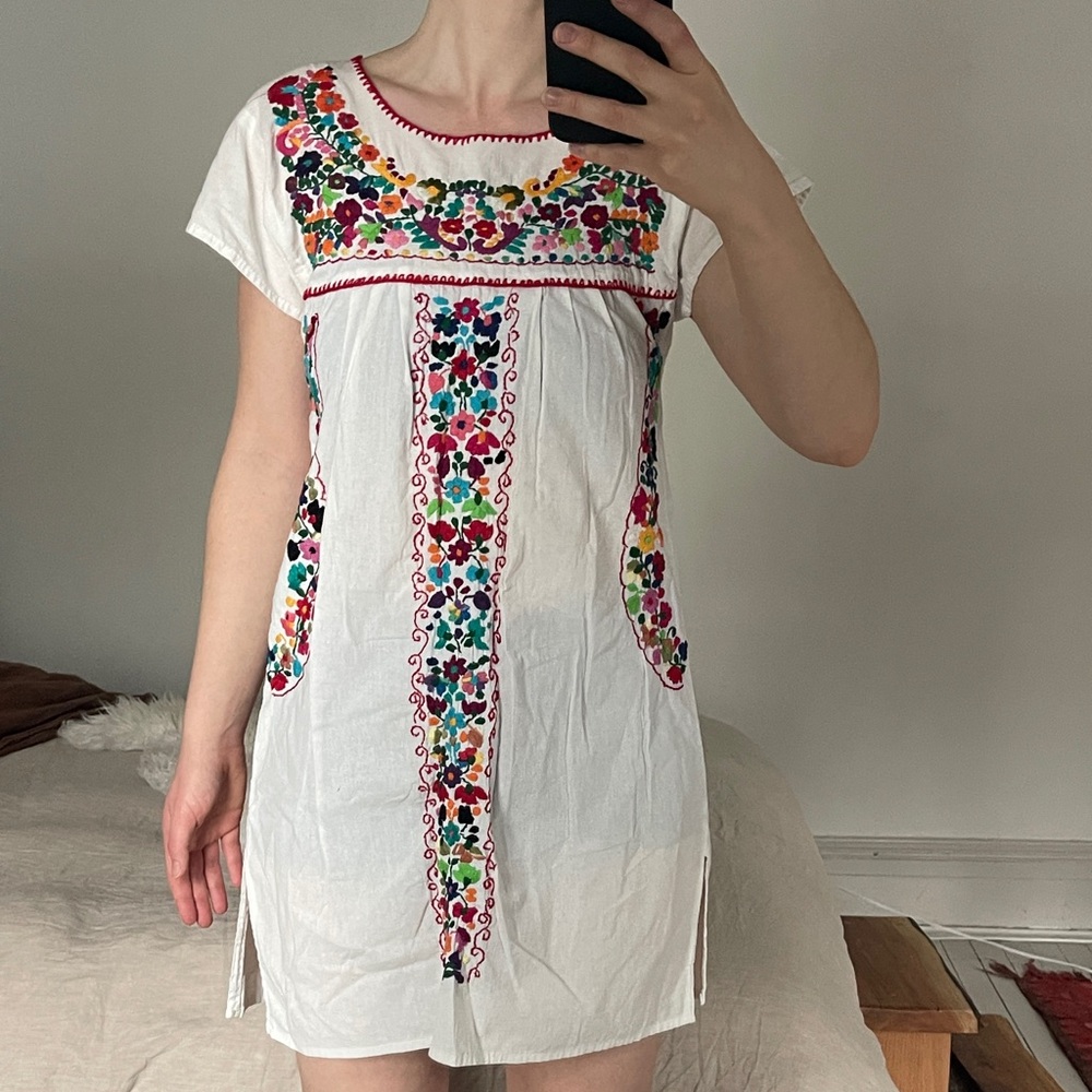 Floral Embroidered Cotton Mini Dress/Beach Cover Up Handmade in Mexico, Women’s
